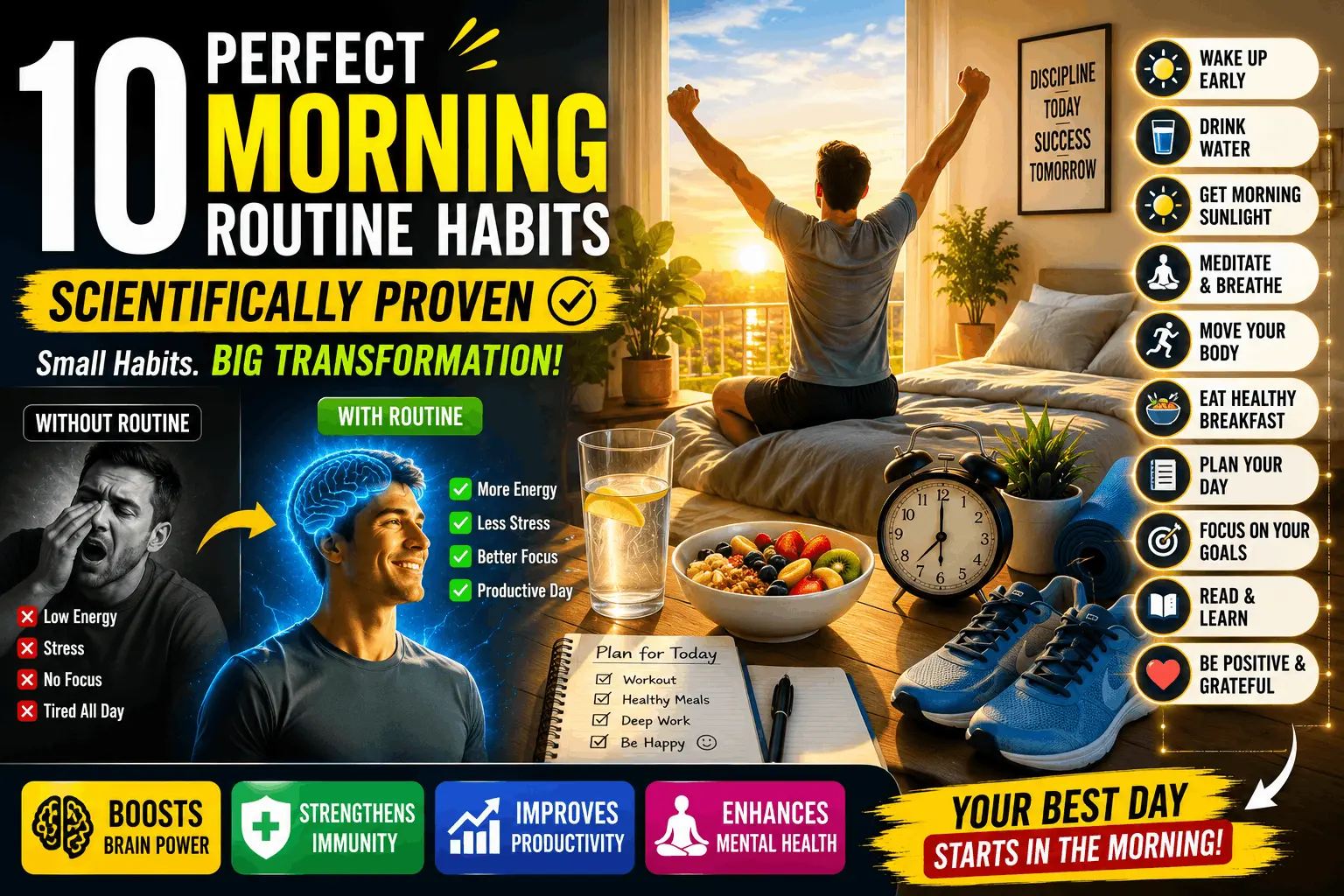 Motivational morning routine infographic showing a person waking up at sunrise with healthy habits like drinking water, exercise, meditation, healthy breakfast, planning, and sunlight exposure.