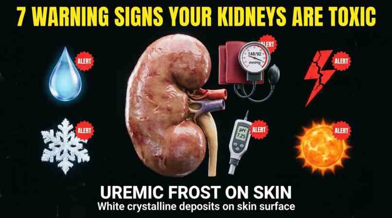 7 warning signs your kidneys are toxic - realistic kidney illustration with medical alert icons showing edema, uremic frost, high blood pressure, pH imbalance, fatigue, and vitamin D deficiency.