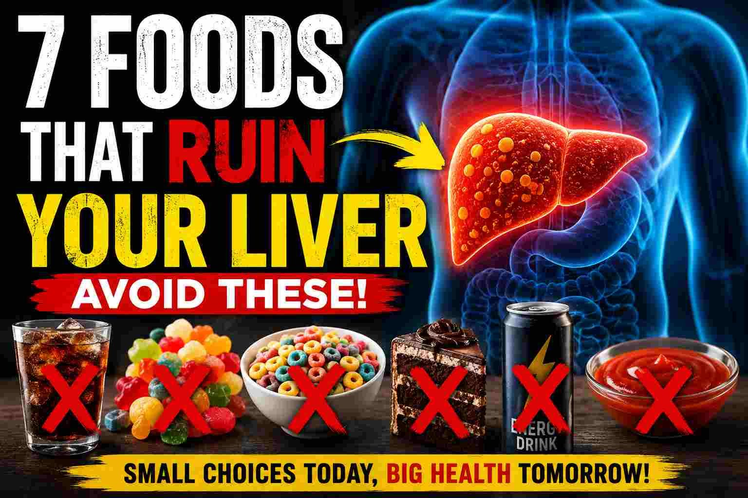 thumbnail showing 7 foods that ruin your liver including soda, candy, breakfast cereals, desserts, energy drinks, and sweet sauces beside an unhealthy glowing liver