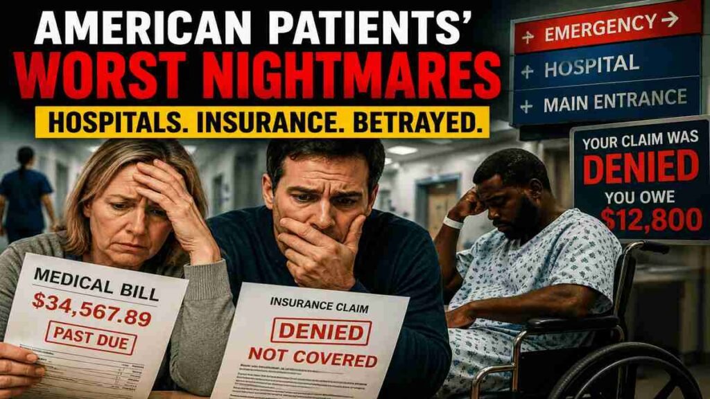 Distressed American hospital patients holding denied insurance claims and expensive medical bills inside a hospital corridor depicting failing American Healthcare system.