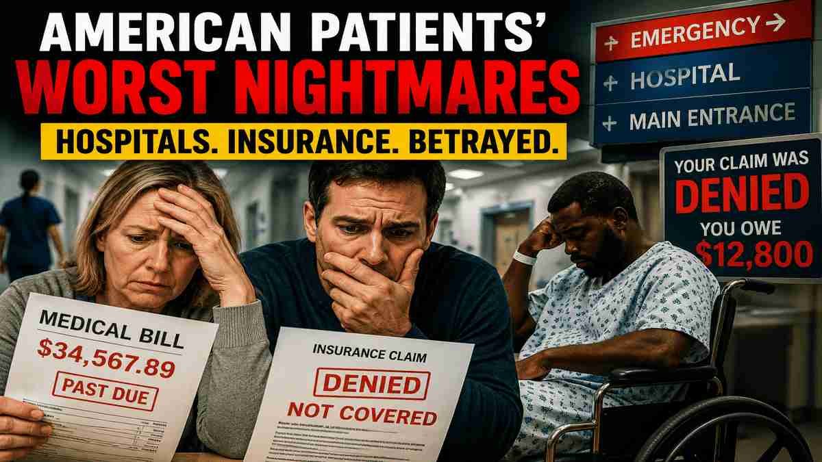 Distressed American hospital patients holding denied insurance claims and expensive medical bills inside a hospital corridor depicting failing American Healthcare system.