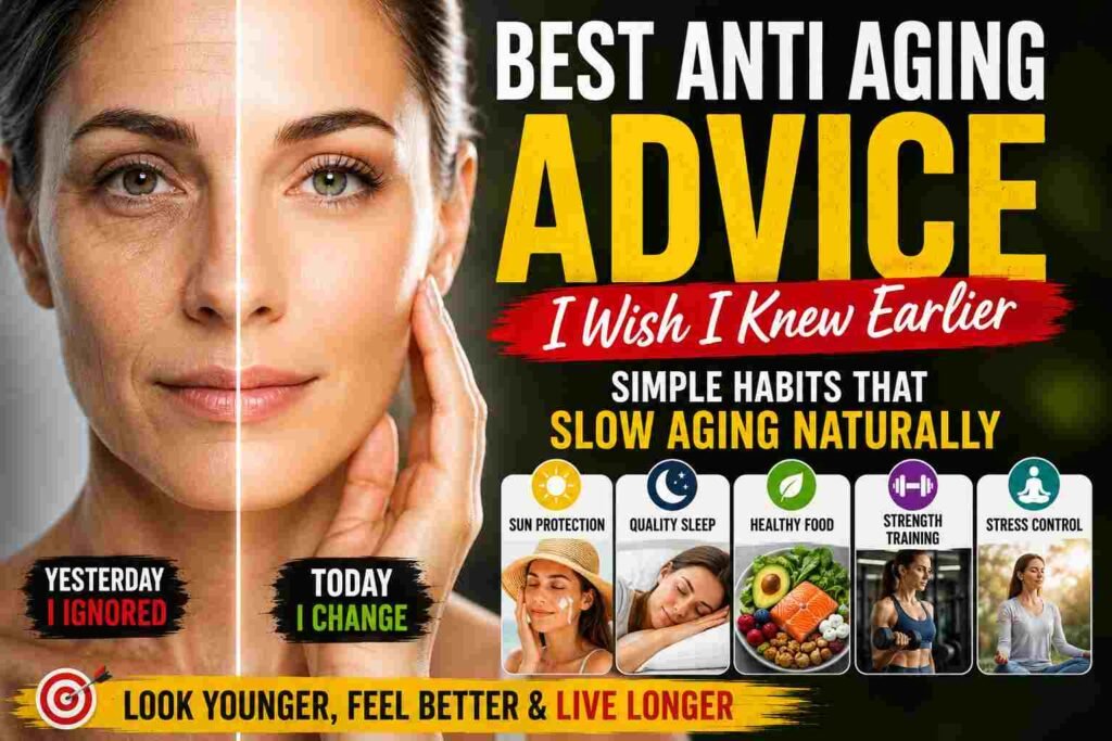 Anti-aging wellness image showing a youthful glowing woman beside an older version of herself with skincare, healthy lifestyle, sleep, nutrition, and fitness icons representing the best anti aging habits.