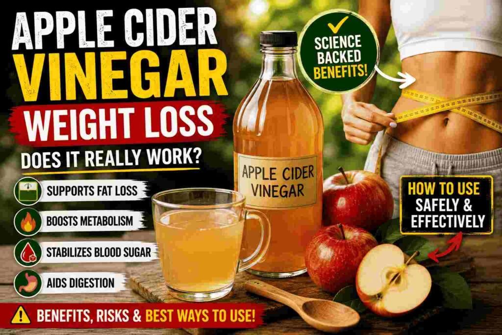Infographic-style image showing apple cider vinegar for weight loss with a measuring tape around a woman’s waist, apples, and health benefit icons about metabolism, appetite control, and blood sugar balance.
