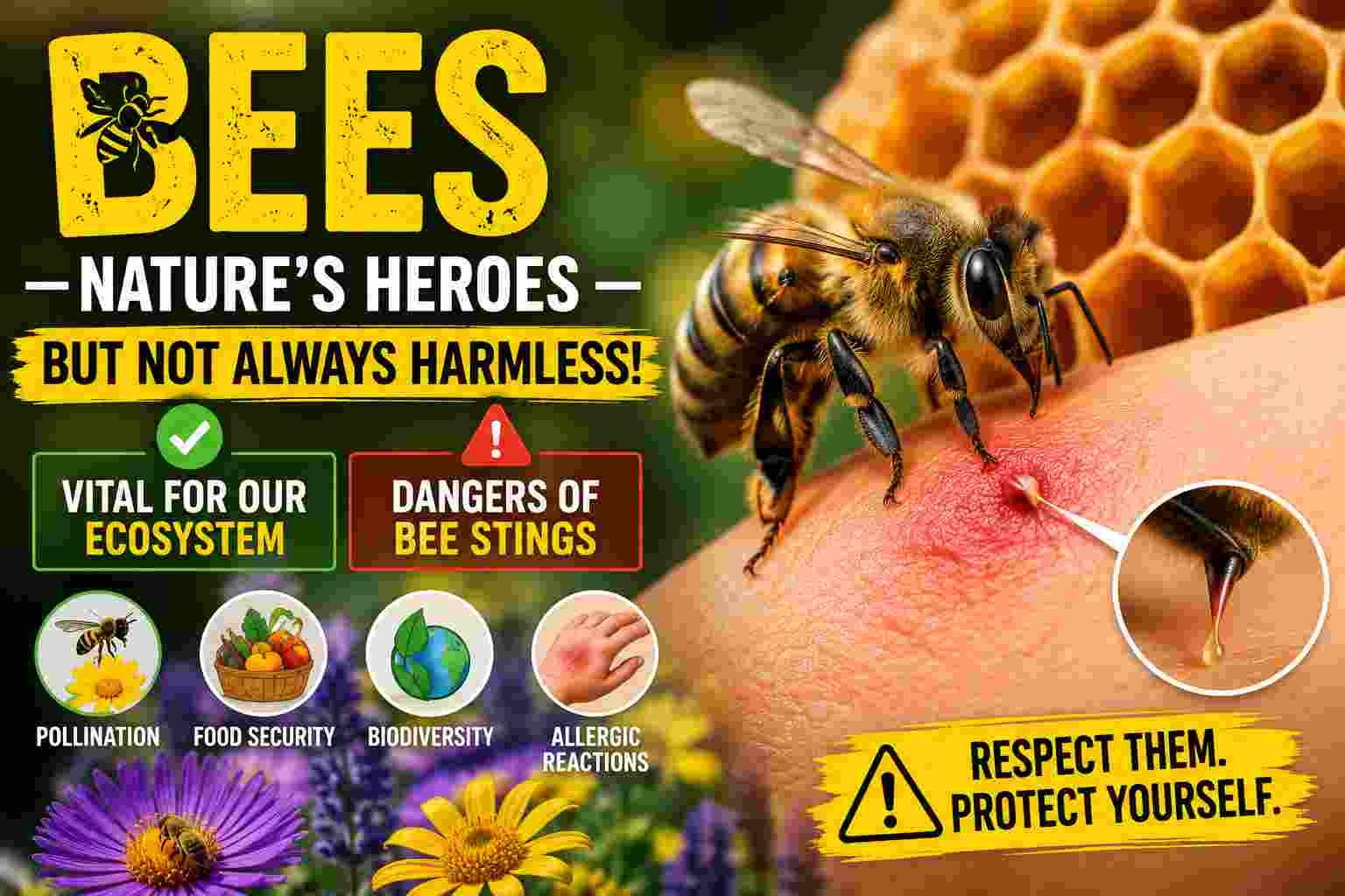 Close-up of a bee stinging human skin beside honeycomb imagery highlighting both the ecological importance and dangers of bee stings.