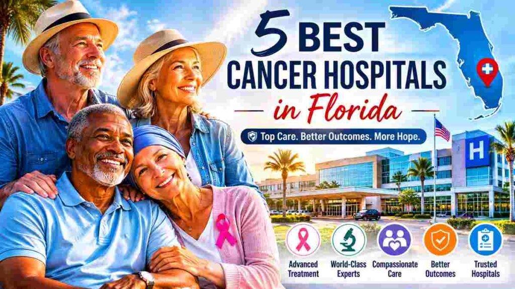 American retirees standing outside a Florida cancer hospital with healthcare ranking text and modern medical center in the background