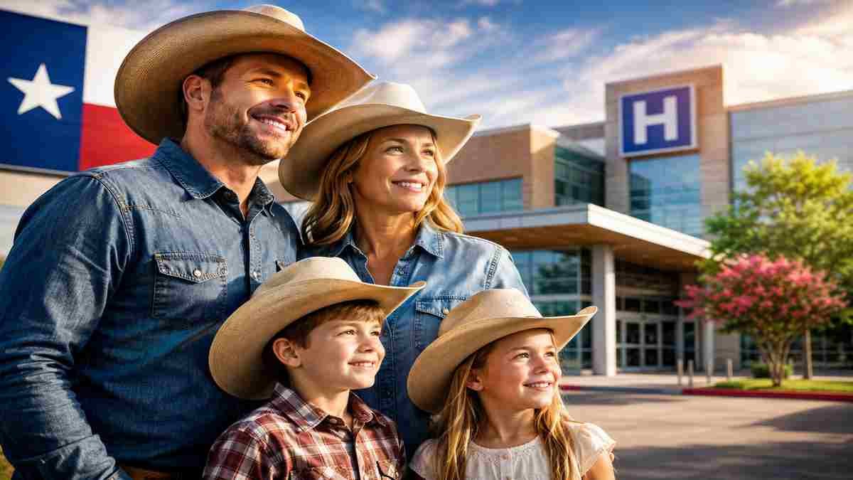 American family in Texan cowboy attire standing outside a modern cancer hospital in Texas