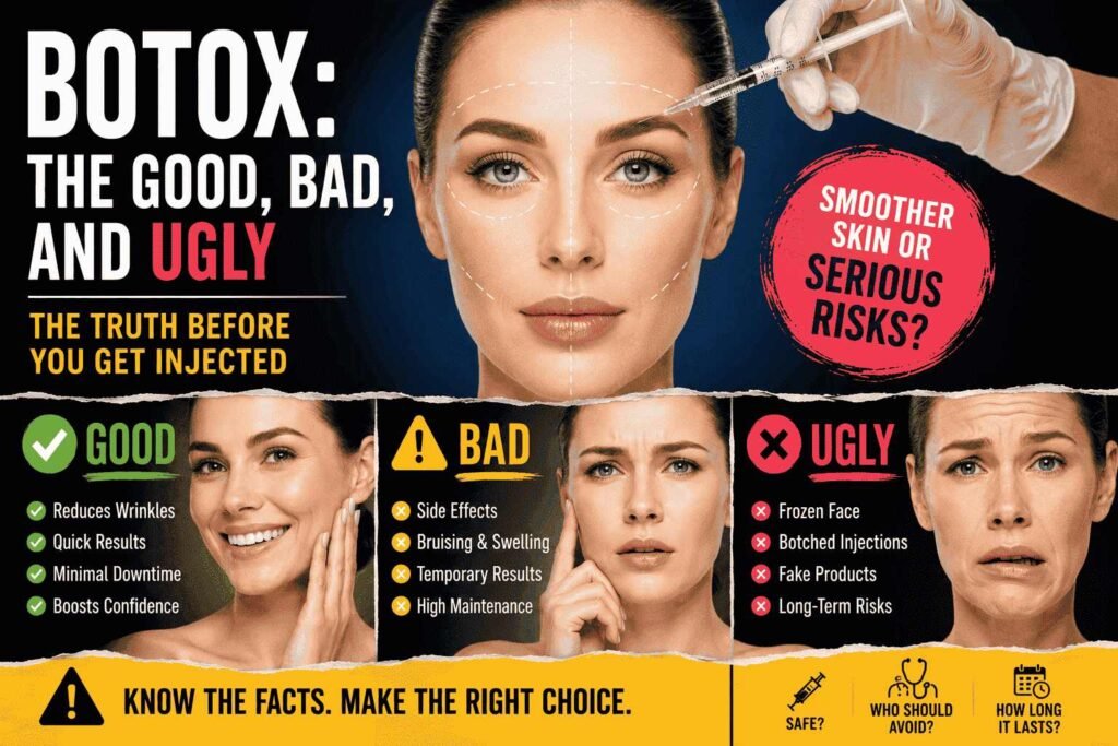 Infographic-style image showing a woman receiving Botox injections alongside sections explaining the good, bad, and ugly sides of Botox, including benefits, side effects, and cosmetic risks.