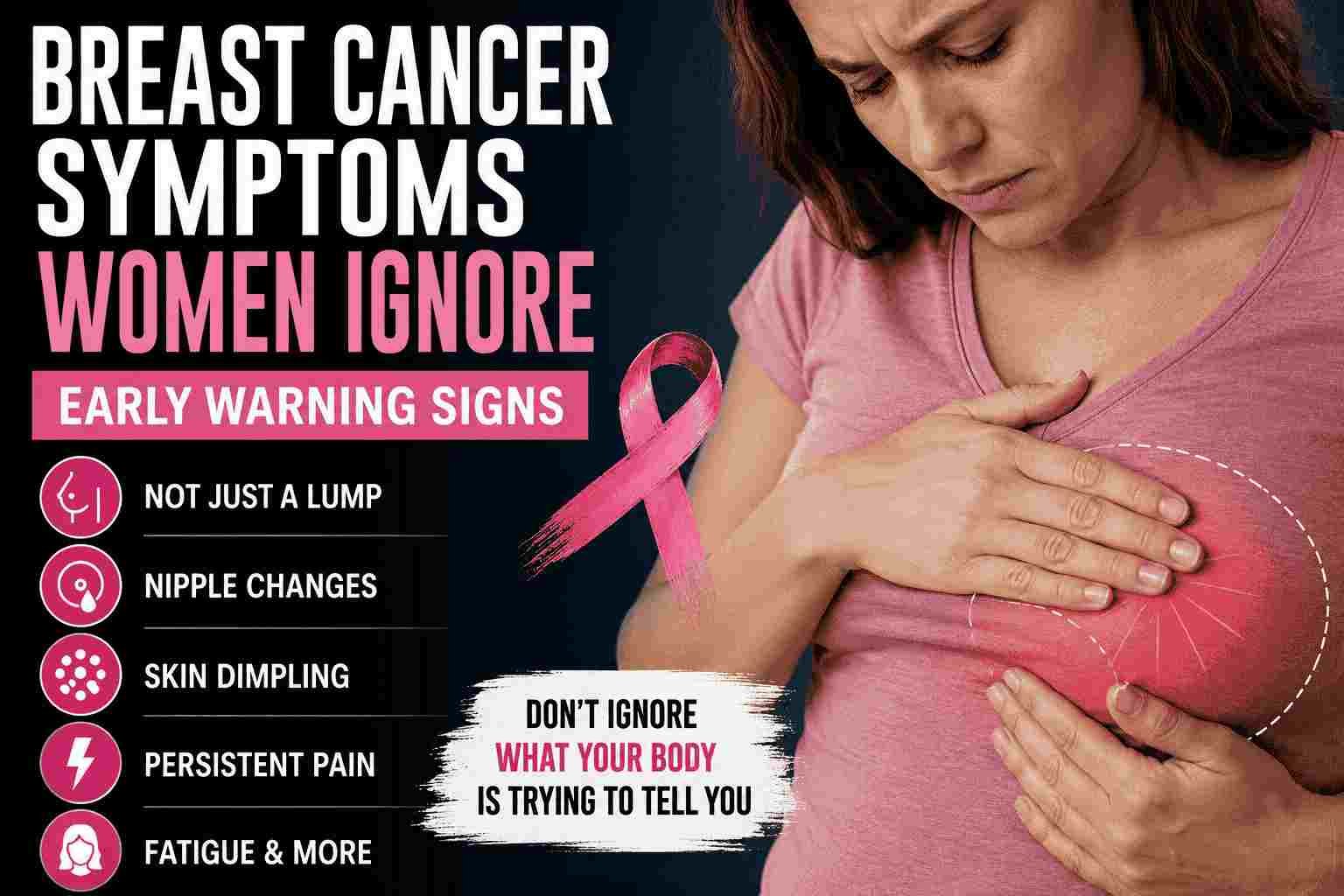 Woman holding her breast with concern beside bold text highlighting ignored breast cancer symptoms and early warning signs, including nipple changes, skin dimpling, and persistent pain.