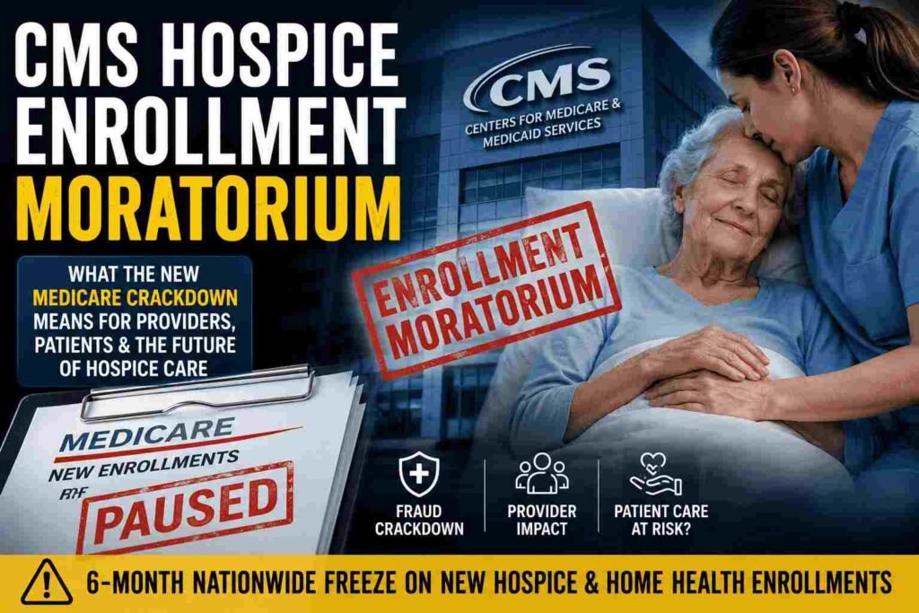 News-style graphic showing the CMS hospice enrollment moratorium with a caregiver comforting an elderly patient, Medicare paperwork marked “Paused,” and bold text about the nationwide freeze on new hospice and home health enrollments.