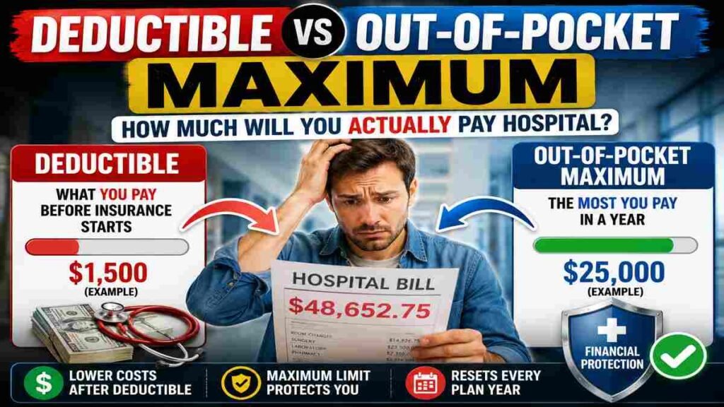 Health insurance infographic comparing deductible vs out-of-pocket maximum with a shocked patient holding a massive hospital bill and cost breakdown graphics.