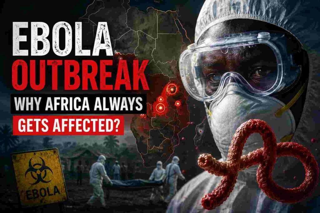 Healthcare worker in protective gear during an Ebola outbreak in Africa with virus illustration and warning signs in the background.