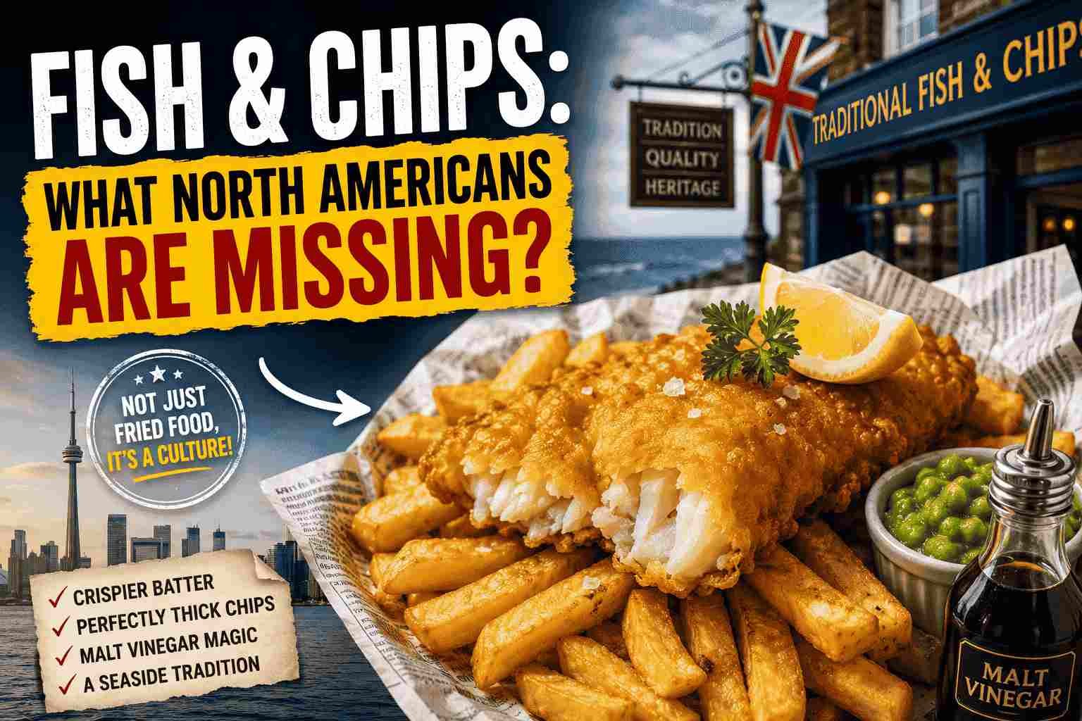 Traditional British fish and chips served with thick-cut chips, malt vinegar, and mushy peas beside bold text asking what North Americans are missing about authentic fish and chips culture.