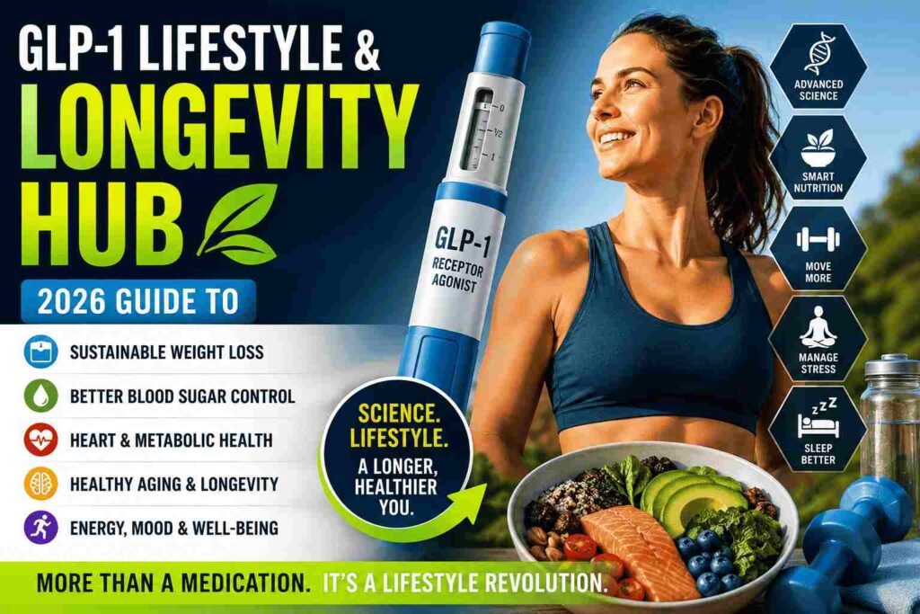 Modern infographic about GLP-1 lifestyle and longevity featuring a healthy woman, GLP-1 injection pen, nutritious food, fitness icons, and healthy aging concepts.
