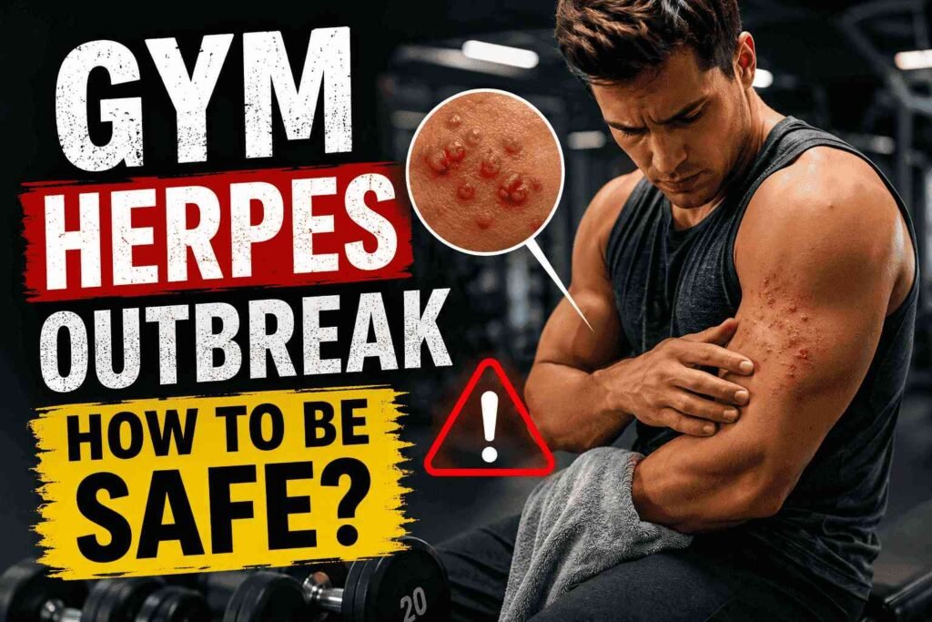 Concerned gym-goer examining a skin rash on his arm inside a modern gym, alongside bold warning text about a gym herpes outbreak and staying safe during workouts.
