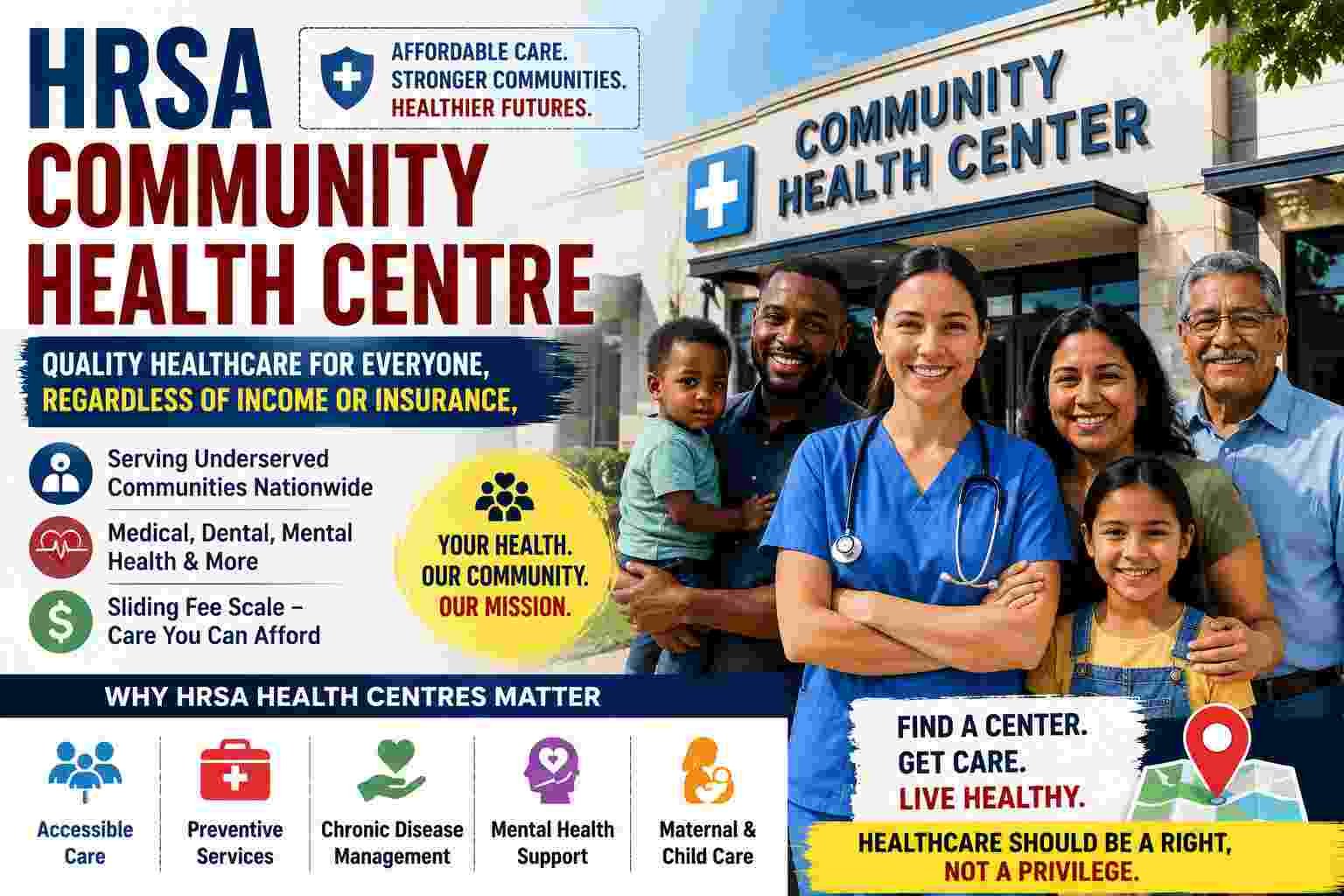 Infographic showing an HRSA community health centre with doctors, diverse families, affordable healthcare icons, preventive care services, and community medical support information.