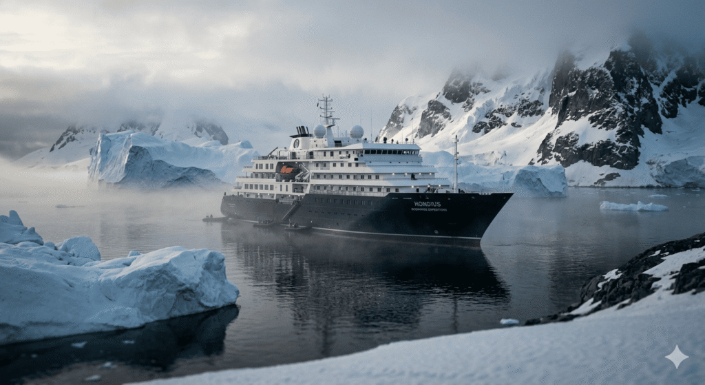 This is an AI generated image of MV Hondius depicting it charting iceberg infeted waters