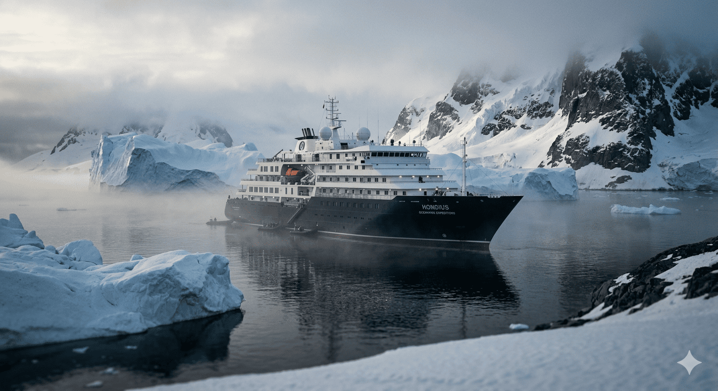 A high-resolution photograph of the Oceanwide Expeditions vessel 'Hondius' anchored in a misty Arctic bay, surrounded by towering snow-capped mountains and floating icebergs.