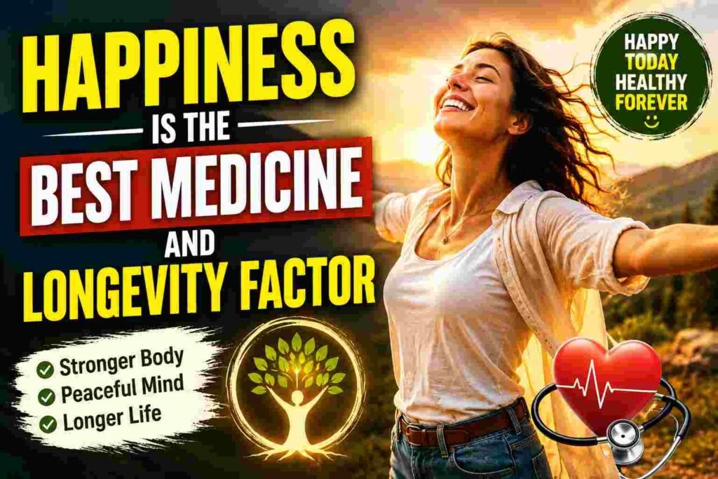 A joyful woman smiling with open arms in a glowing natural landscape beside bold text about happiness being the best medicine and a powerful longevity factor.