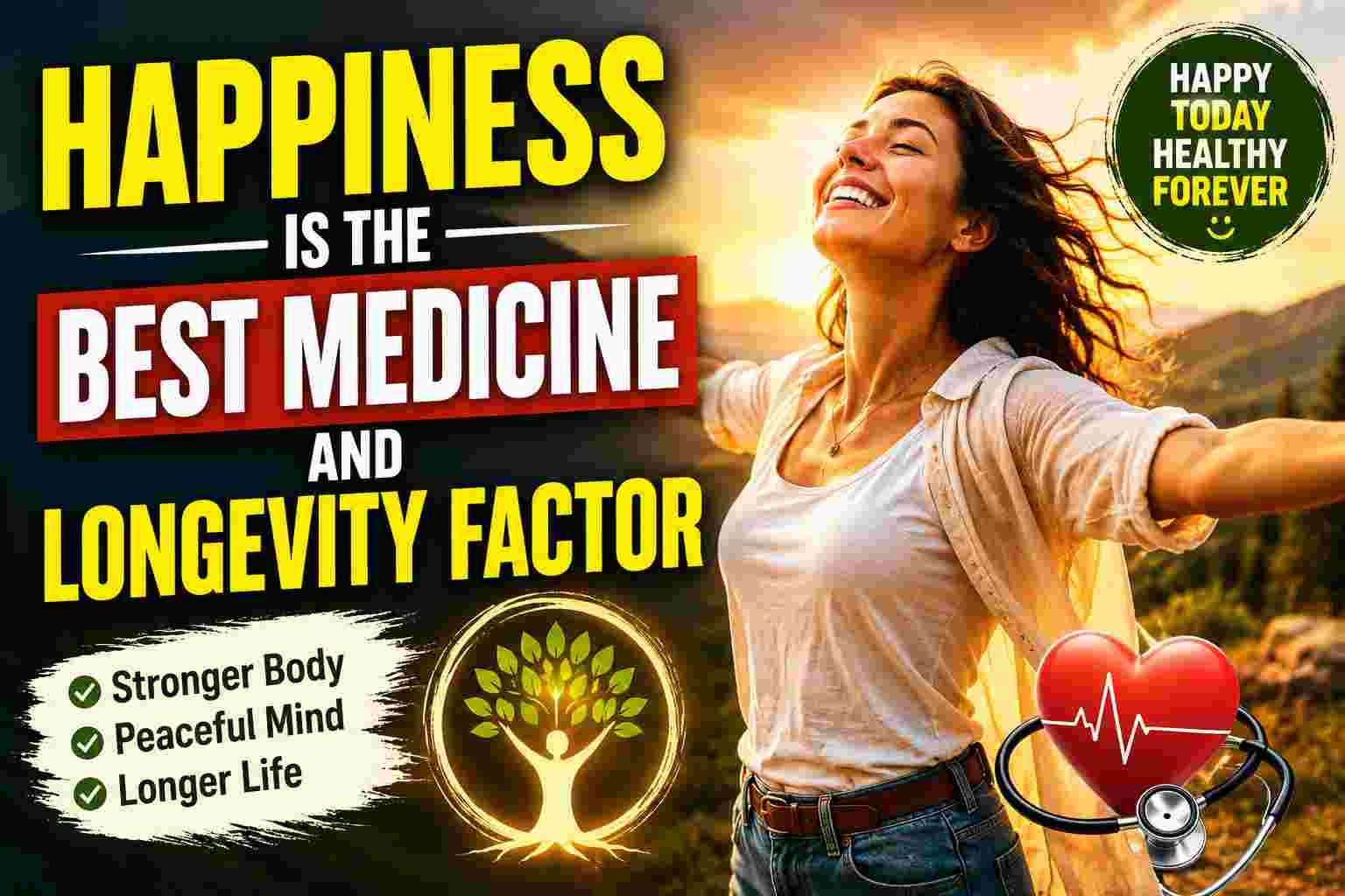A joyful woman smiling with open arms in a glowing natural landscape beside bold text about happiness being the best medicine and a powerful longevity factor.