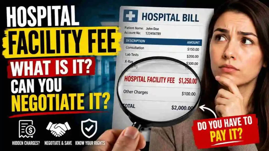 Worried woman looking at a hospital bill with a magnified hospital facility fee charge and bold text asking if you can negotiate it.