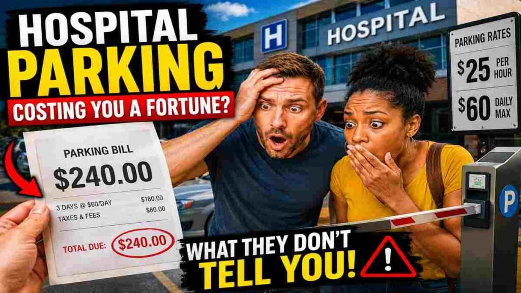 Shocked hospital visitors reacting to an expensive hospital parking bill outside a large American hospital parking garage.