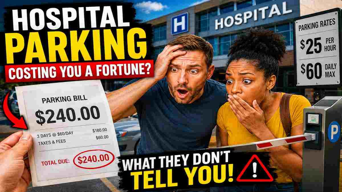 Shocked hospital visitors reacting to an expensive hospital parking bill outside a large American hospital parking garage.