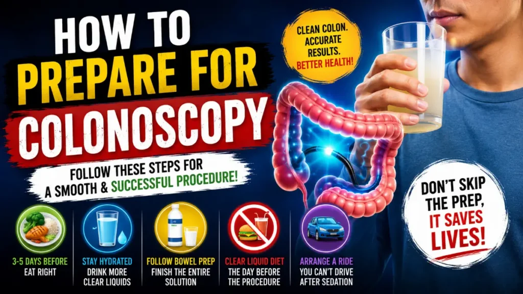 A bold medical thumbnail showing a person holding colonoscopy prep drink beside a glowing colon illustration and large text explaining how to prepare for colonoscopy step by step.