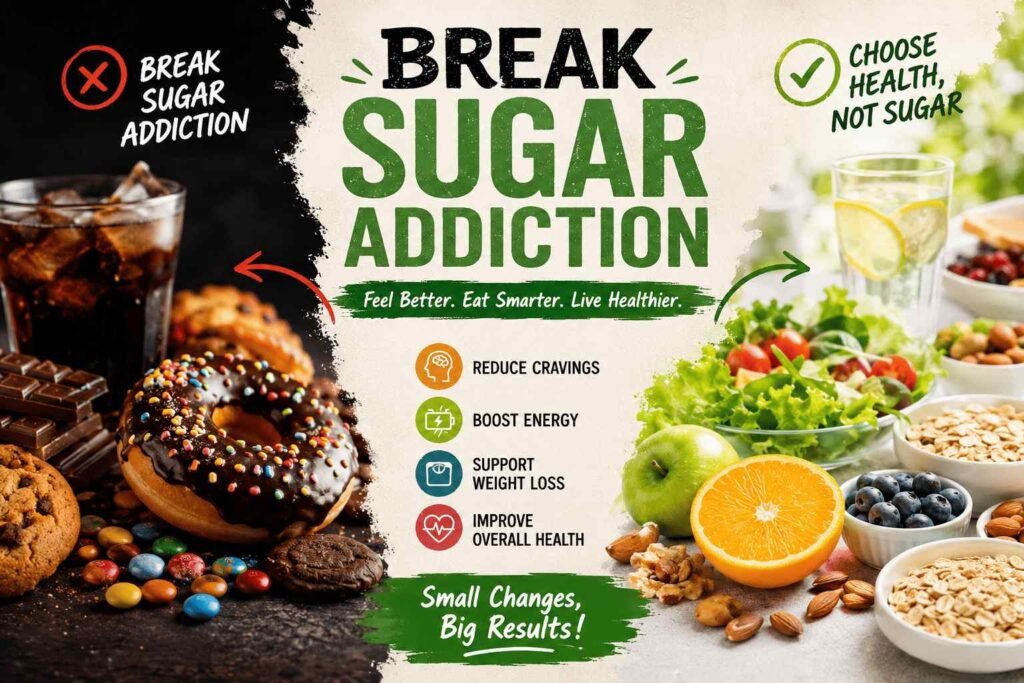 Infographic about reducing sugar addiction naturally, showing unhealthy sugary foods contrasted with healthy fruits, vegetables, oats, nuts, and water, along with tips for reducing cravings, boosting energy, and improving overall health.