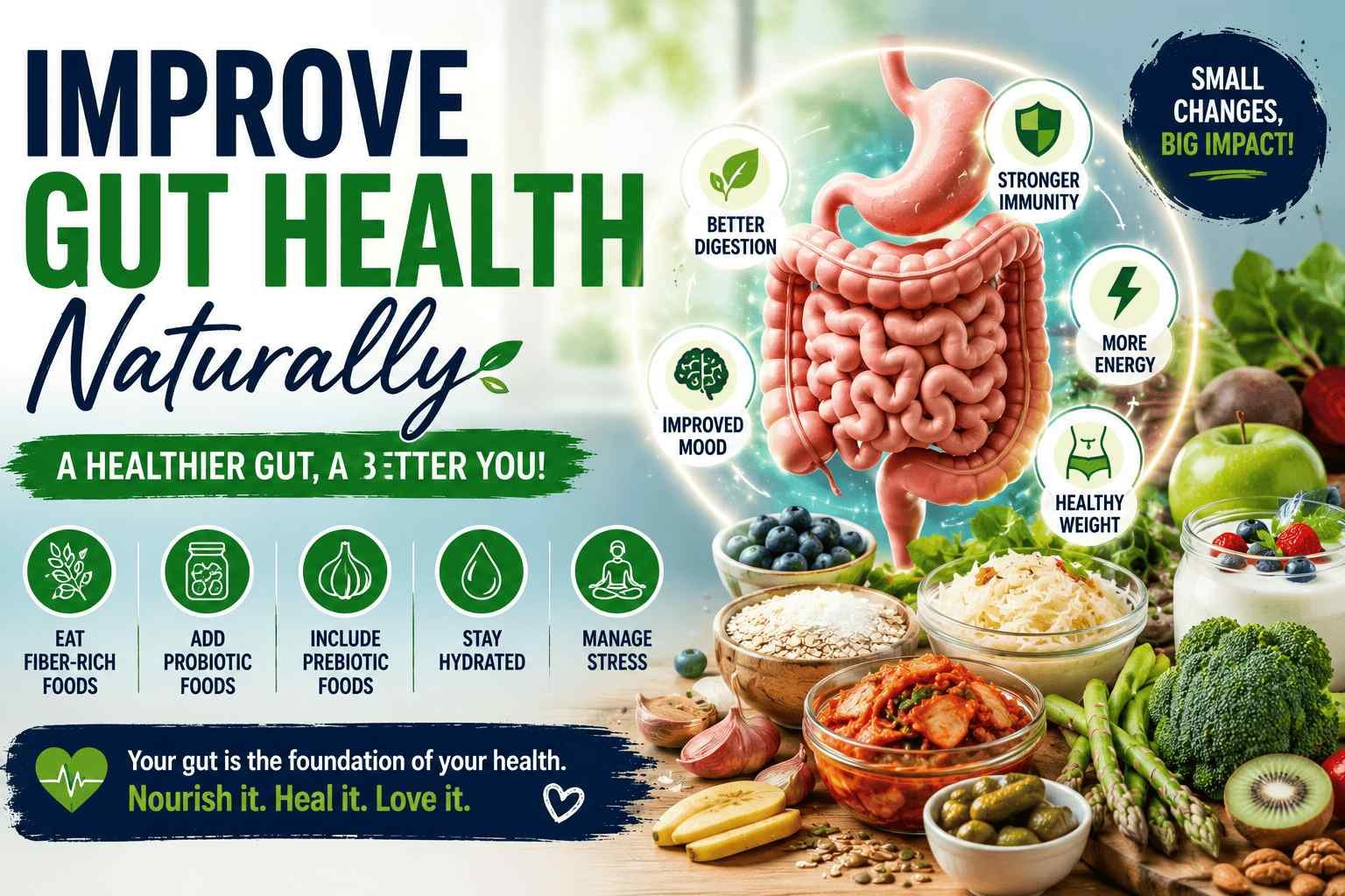 Infographic about improving gut health naturally featuring healthy foods, probiotics, fiber-rich ingredients, and a digestive system illustration highlighting benefits like better digestion, stronger immunity, improved mood, and increased energy.