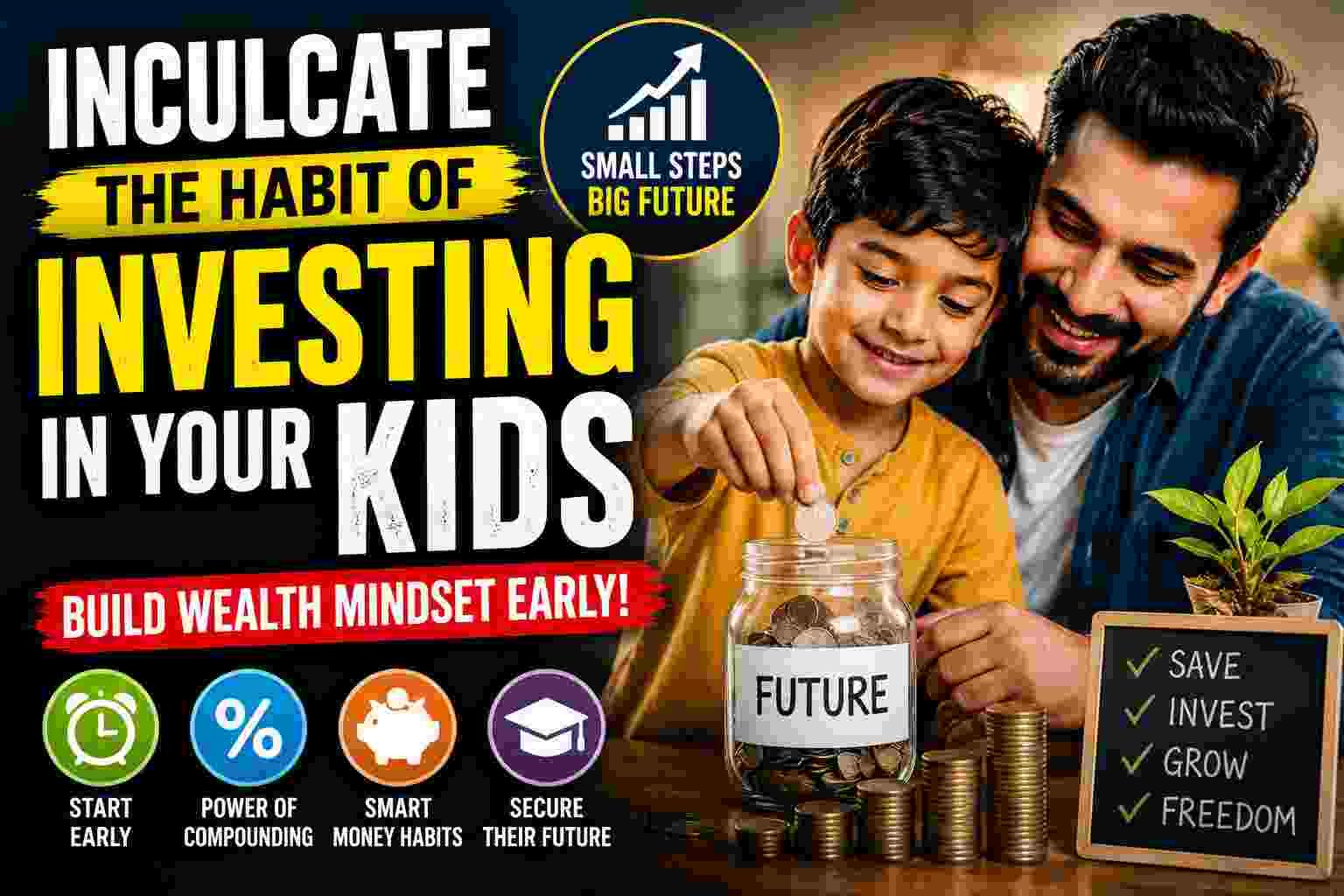 A cheerful father teaching his young son the habit of investing money using a savings jar, coins, and financial growth symbols, alongside bold text about building wealth mindset early in kids.