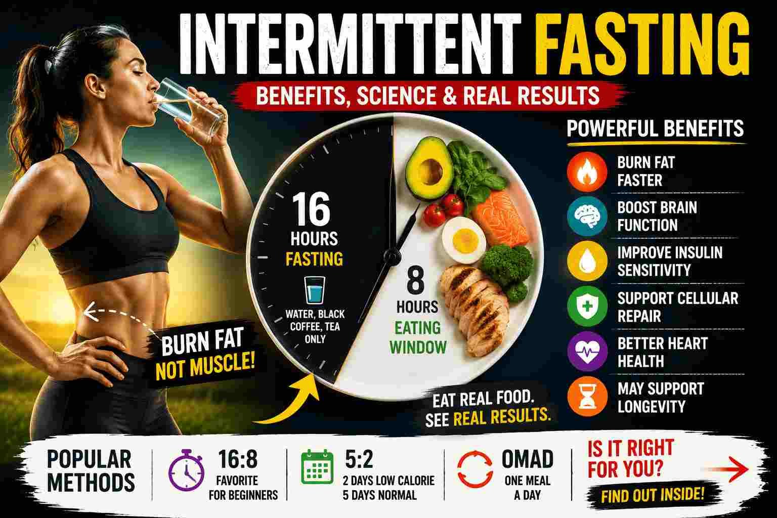 Infographic-style image showing intermittent fasting benefits with a fasting clock, healthy foods, and a woman drinking water beside icons about fat burning, insulin sensitivity, brain health, and longevity.