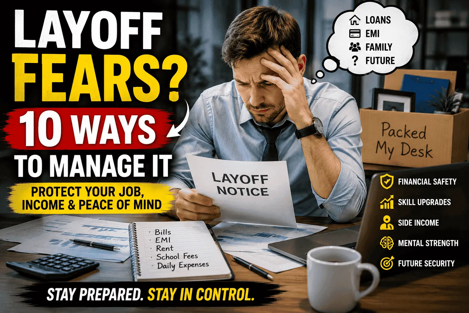 Worried office employee holding a layoff notice while thinking about loans, EMIs, family responsibilities, and financial uncertainty in a dramatic workplace setting.