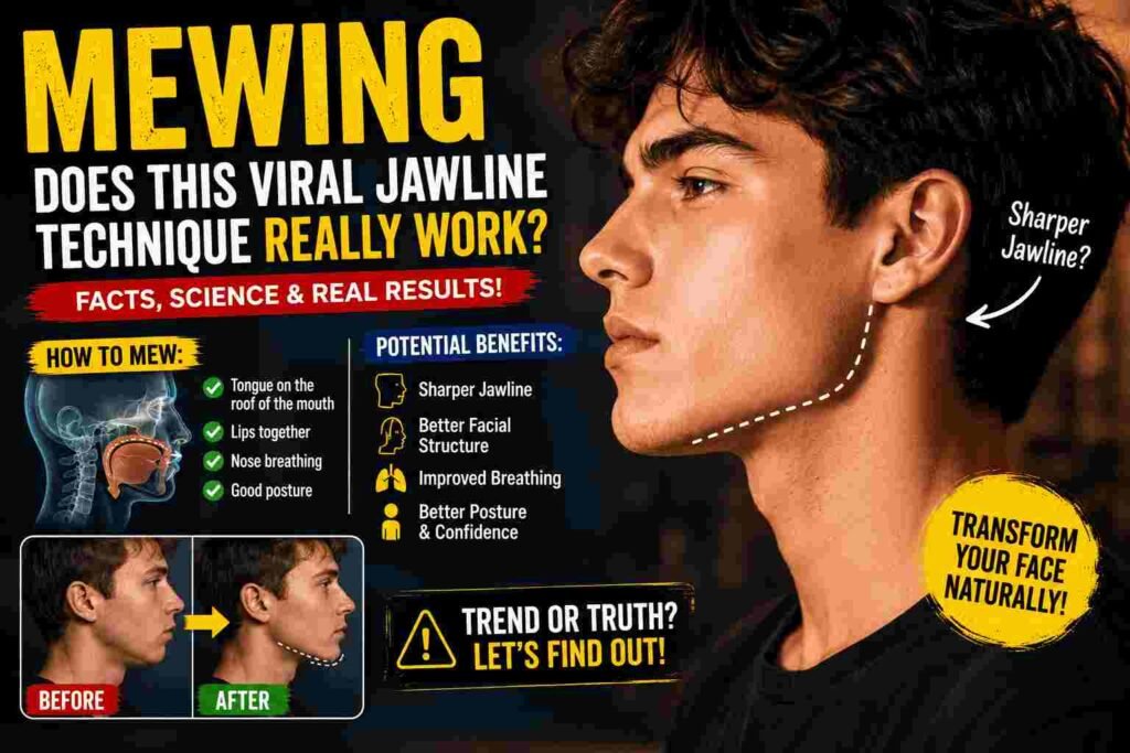 Split-face illustration showing before-and-after jawline appearance associated with the jawline mewing technique, including tongue posture diagrams and facial alignment visuals.