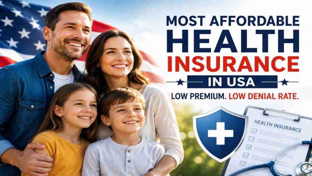 American family smiling in front of the US flag with health insurance graphics promoting affordable healthcare coverage in America