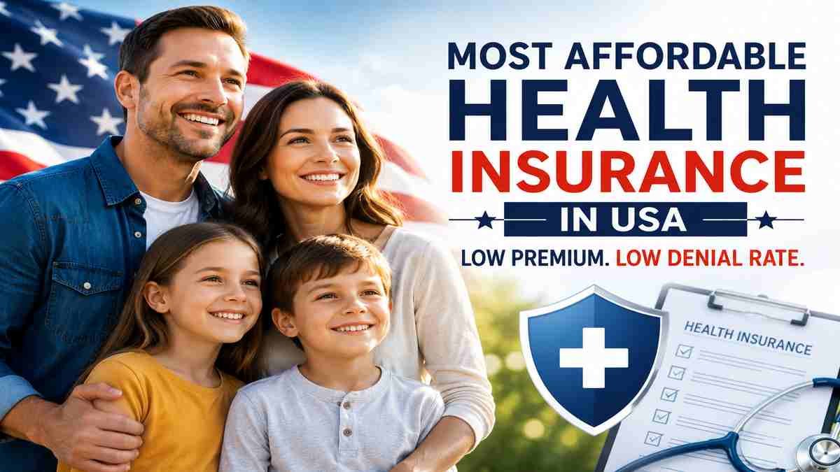 American family smiling in front of the US flag with health insurance graphics promoting affordable healthcare coverage in America