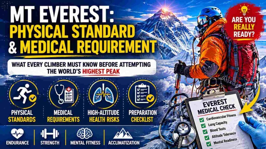 Mount Everest climber wearing oxygen gear near the summit with infographic showing physical standards, medical requirements, altitude risks, and endurance preparation for Everest expeditions.