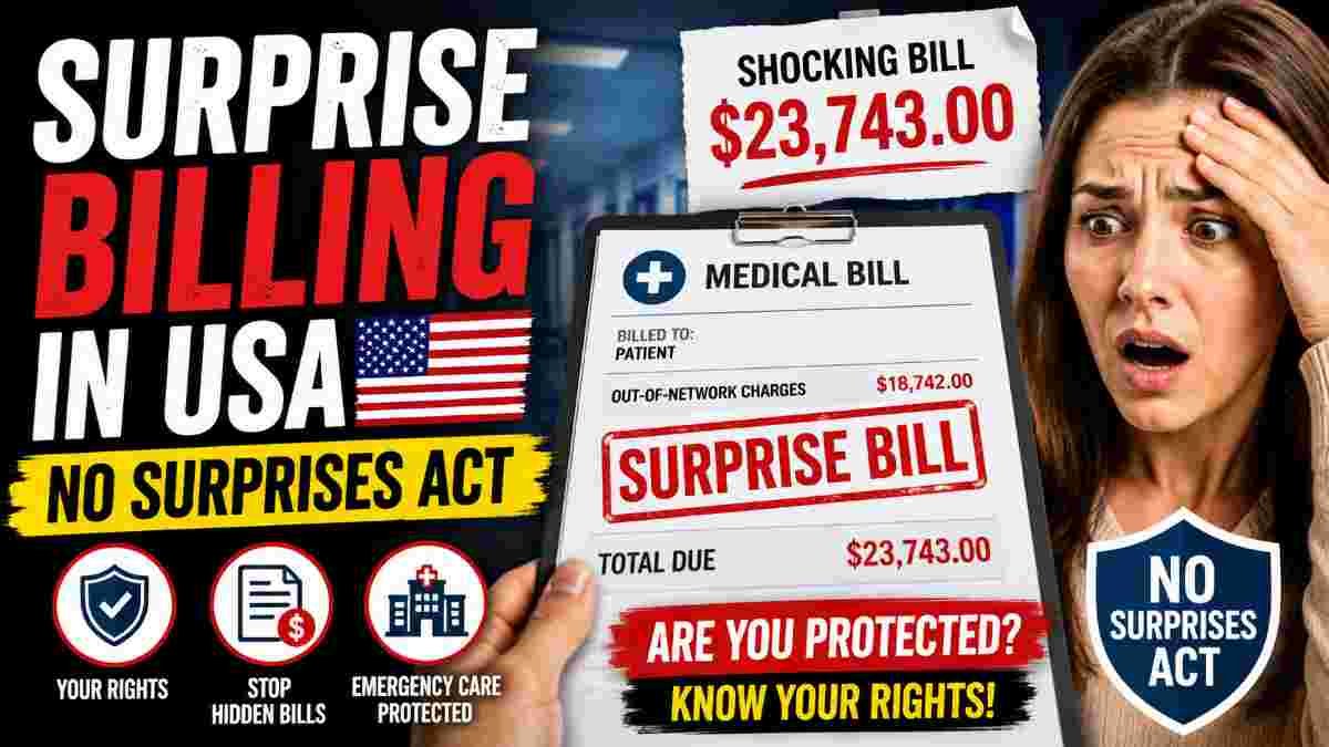Shocked woman reacting to a huge surprise medical bill in the USA with bold No Surprises Act text and emergency healthcare billing graphics.