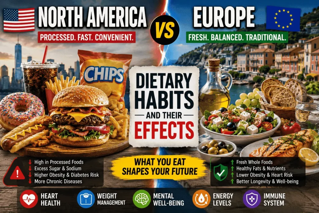 Split-screen infographic comparing North American and European dietary habits, showing ultra-processed fast food on one side and fresh Mediterranean-style meals on the other.