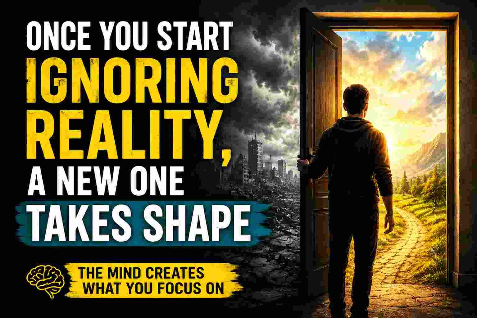 A man stands at the doorway between a dark collapsing city and a bright peaceful world, symbolizing how ignoring negative reality can help create a new future mindset.