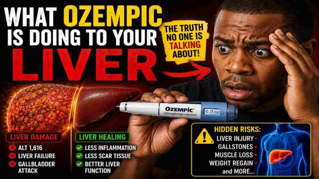 Shocked Black American man holding an Ozempic injection pen beside a damaged liver illustration highlighting hidden risks like liver injury, gallstones, and muscle loss.
