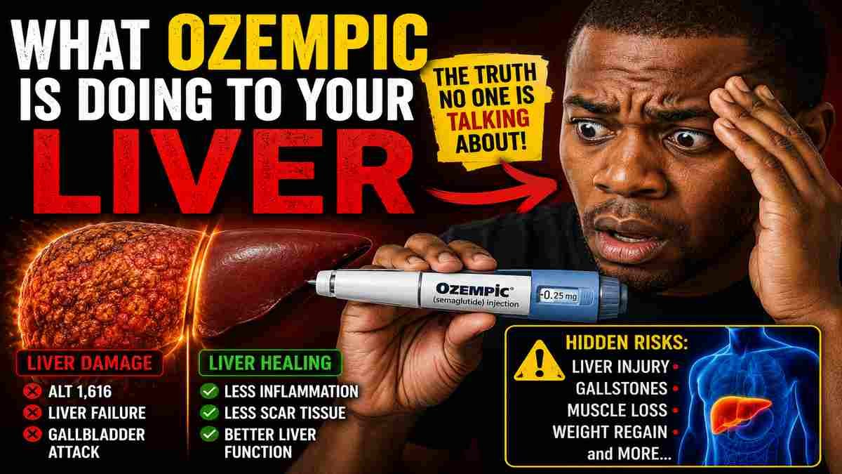 Shocked Black American man holding an Ozempic injection pen beside a damaged liver illustration highlighting hidden risks like liver injury, gallstones, and muscle loss.