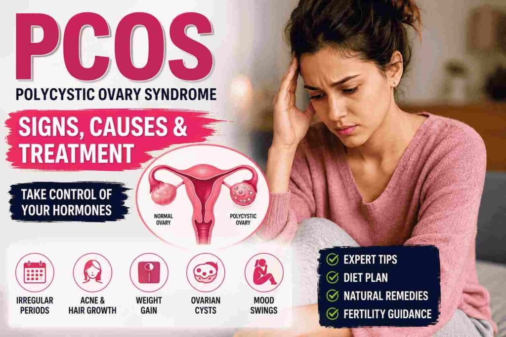 Concerned young woman experiencing PCOS symptoms beside a medical illustration comparing a normal ovary and a polycystic ovary, with bold text explaining PCOS signs, causes, and treatment.