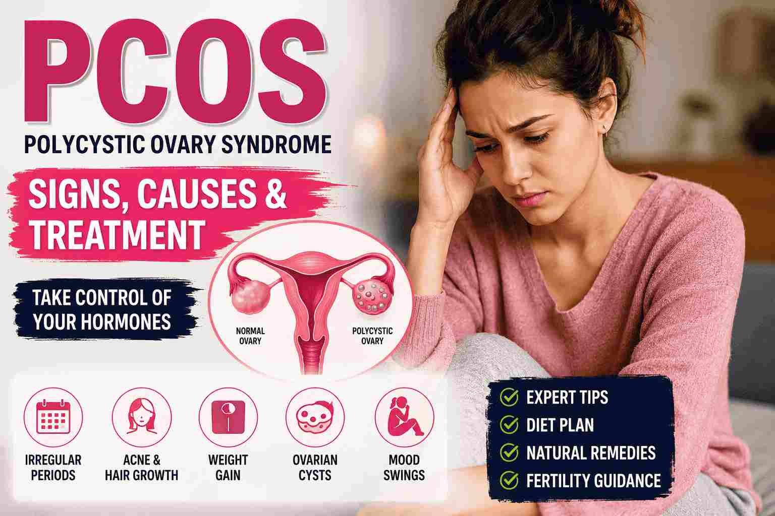 Concerned young woman experiencing PCOS symptoms beside a medical illustration comparing a normal ovary and a polycystic ovary, with bold text explaining PCOS signs, causes, and treatment.