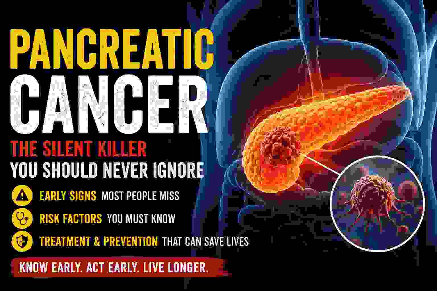 Illustration of pancreatic cancer showing a glowing pancreas with a tumor inside the human body alongside warning signs, risk factors, and treatment information.