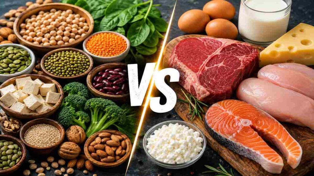 Plant protein foods and animal protein foods displayed side by side with beans, tofu, nuts, fish, eggs, chicken, and steak in a healthy protein comparison image