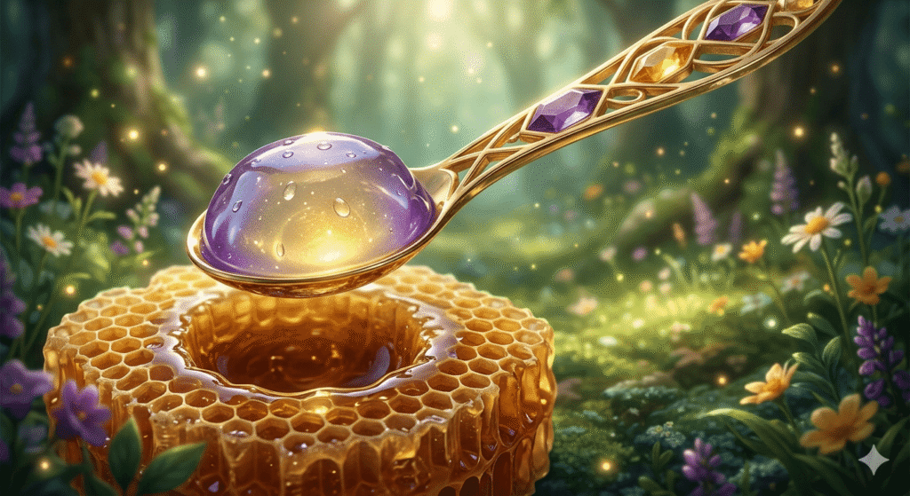 A glowing, ethereal purple and gold drop of royal jelly on an ornate golden spoon held over a honeycomb in a sunlit, magical forest clearing with wildflowers.