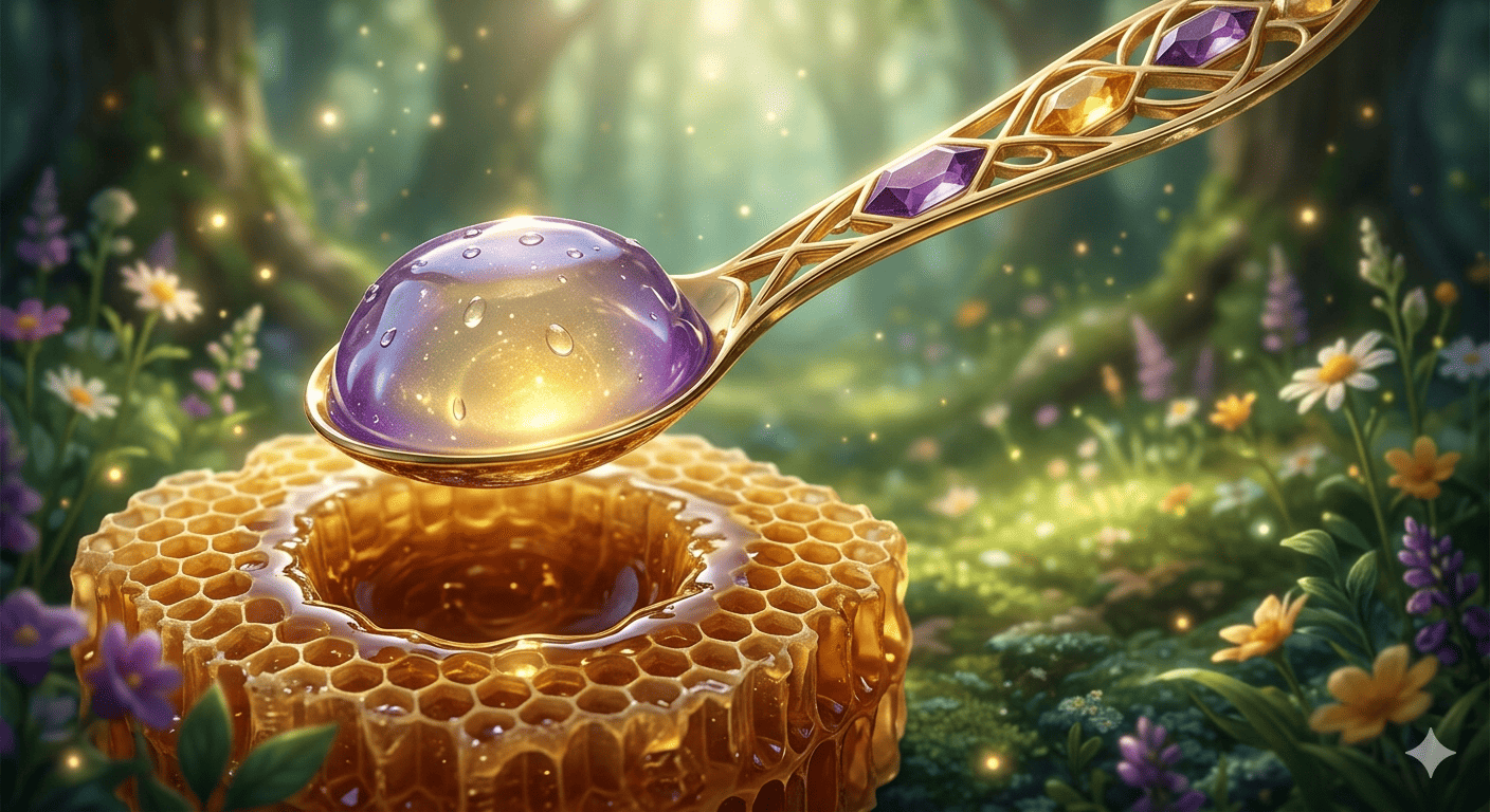 A glowing, ethereal purple and gold drop of royal jelly on an ornate golden spoon held over a honeycomb in a sunlit, magical forest clearing with wildflowers.