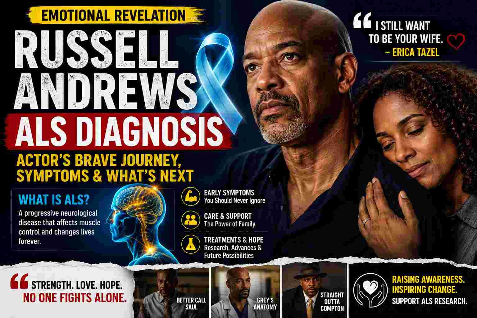 Emotional ALS awareness infographic featuring actor Russell Andrews and Erica Tazel discussing his ALS diagnosis, symptoms, caregiving, and neurological disease awareness.