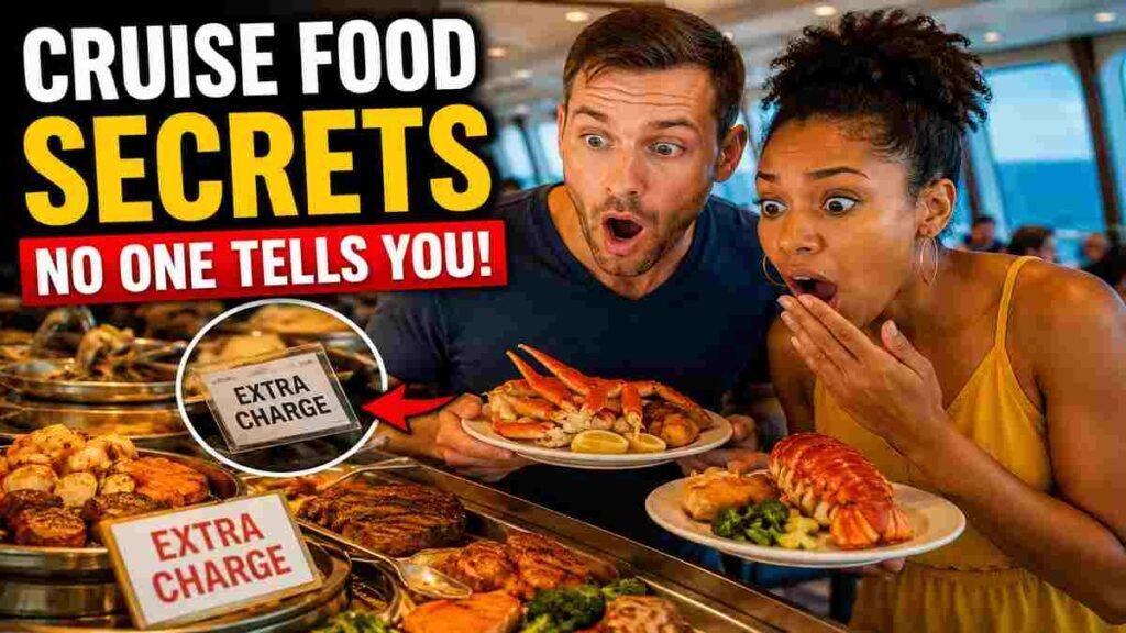Shocked cruise passengers discovering hidden extra charges at a luxury cruise buffet filled with seafood and premium dishes.