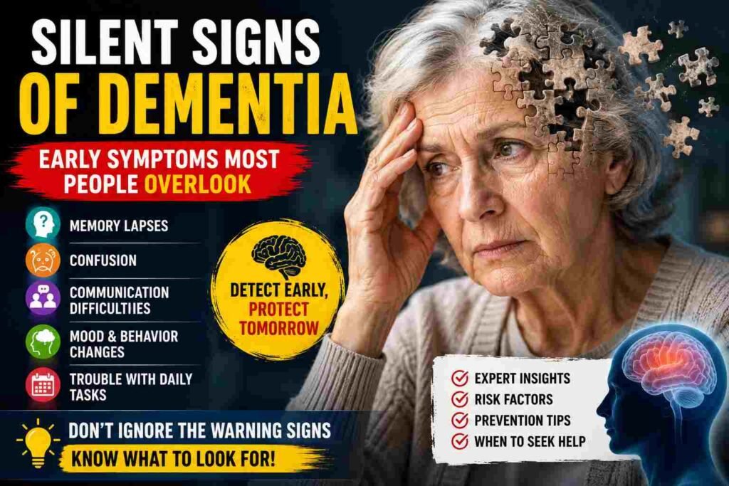 Elderly woman showing early dementia warning signs with puzzle-piece brain illustration, memory loss icons, confusion symptoms, and silent cognitive decline infographic.